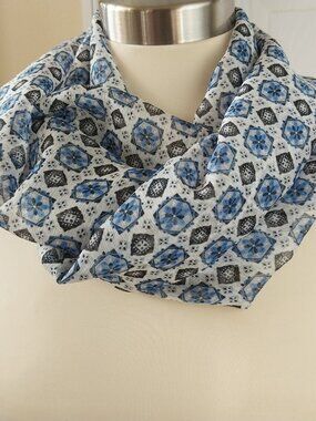 Blue and White Print Infinity Scarf, Lightweight Chiffon Shawl